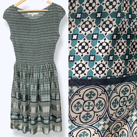 Max Studio Dress Smocked Top Striped Lined Green Teal‎ Size Medium Shirred Lined - Picture 1 of 15